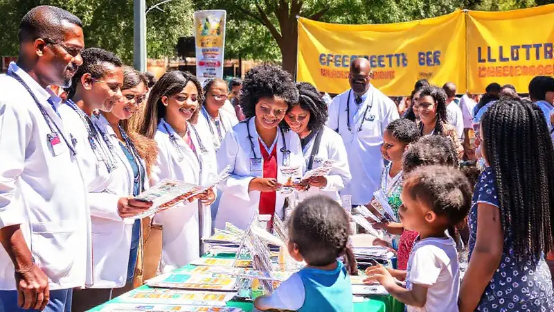 Feria de salud comunitaria con profesionales colaborando
