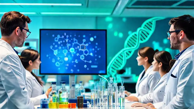 Científicos en laboratorio colaboran en innovación farmacéutica