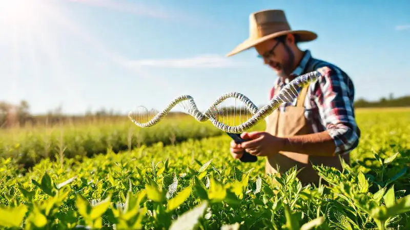 Agricultor examina cultivos con tecnología sostenible