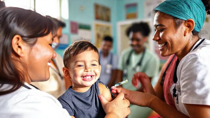 Niño sonriente vacunándose en ambiente acogedor