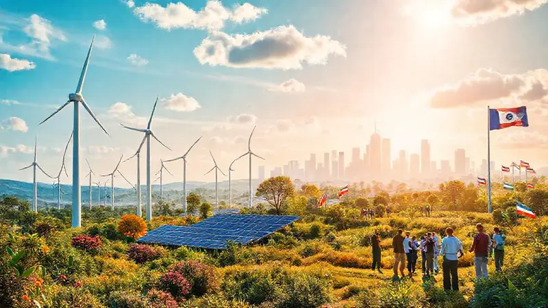 Paisaje sostenible con energía renovable y colaboración