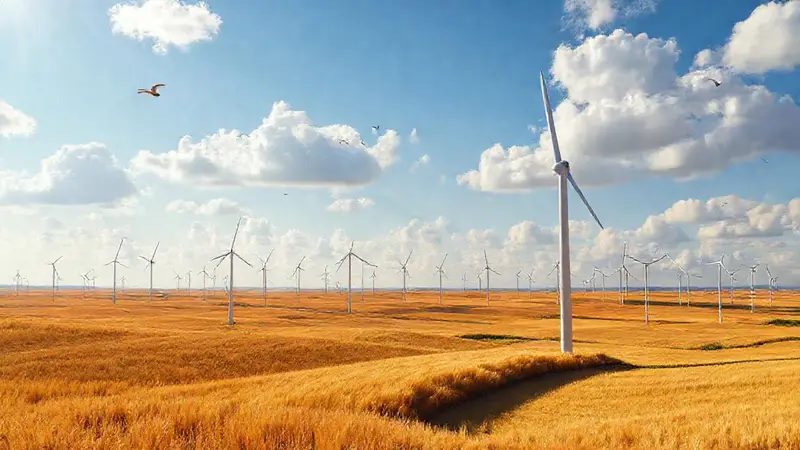 Paisaje de turbinas eólica y campos dorados