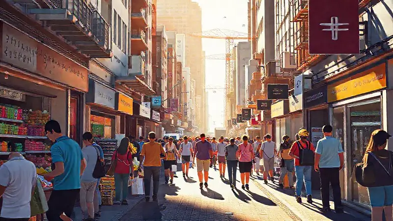 Calle vibrante con matemáticas en acción