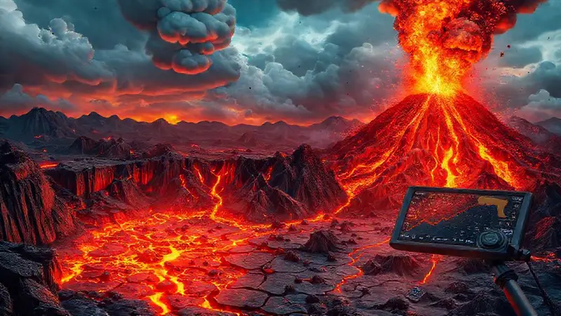 Escena sísmica con volcán, lava y energía