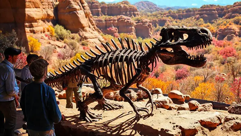 Esqueleto de dinosaurio en un paisaje antiguo