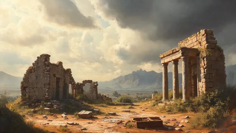 Ruinas antiguas bajo un cielo nublado