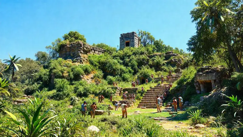 Ruinas antiguas en naturaleza con arqueólogos colaborando