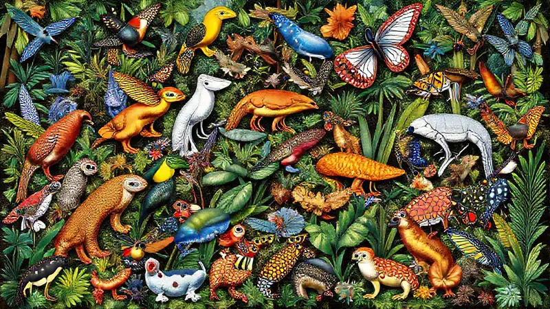 Collage de animales en un ecosistema tropical