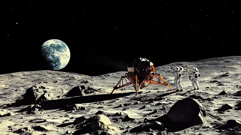 Astronautas celebran en la Luna, viendo la Tierra