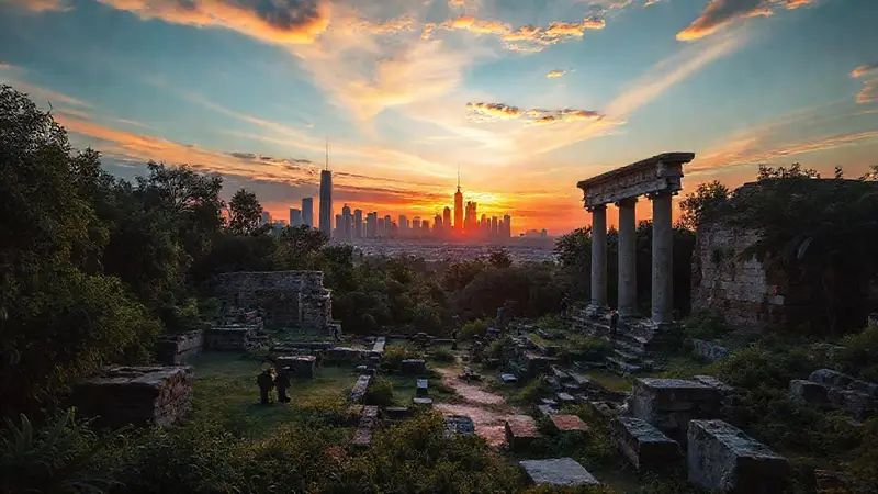 Ruinas antiguas rodeadas de vegetación y modernidad