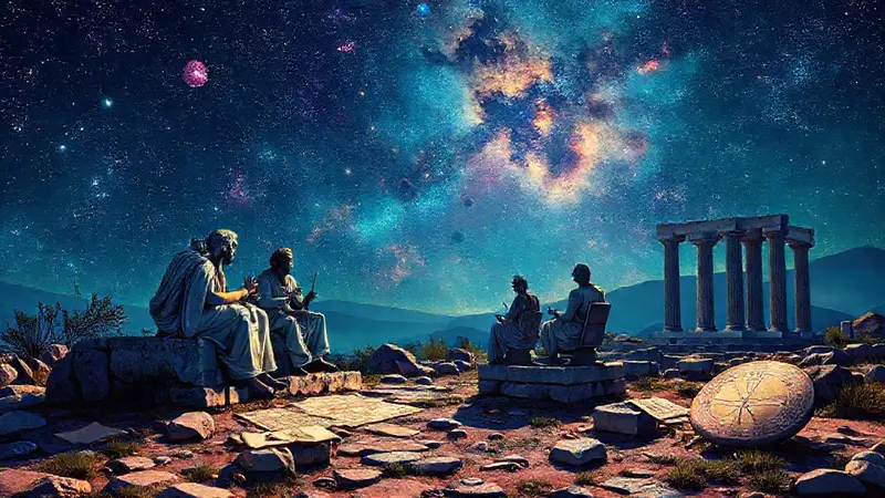 Filósofos griegos debaten bajo un cielo estrellado