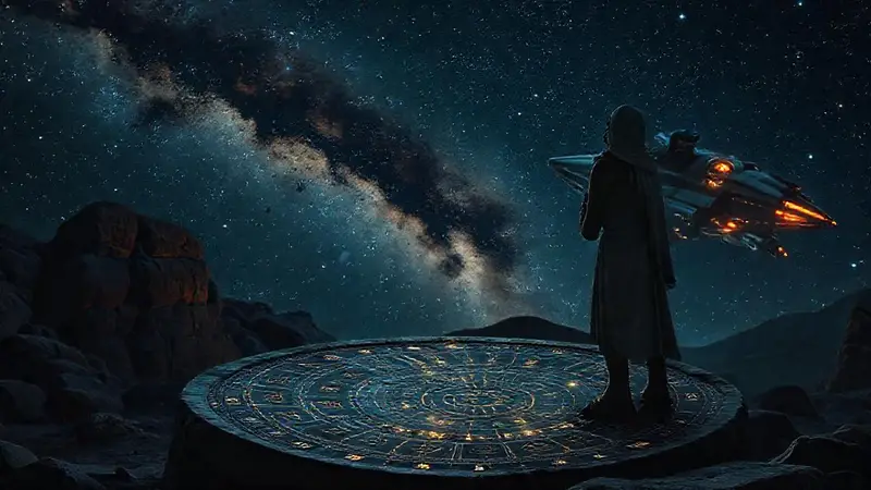 Astrónomo antiguo observa estrellas y naves futuristas