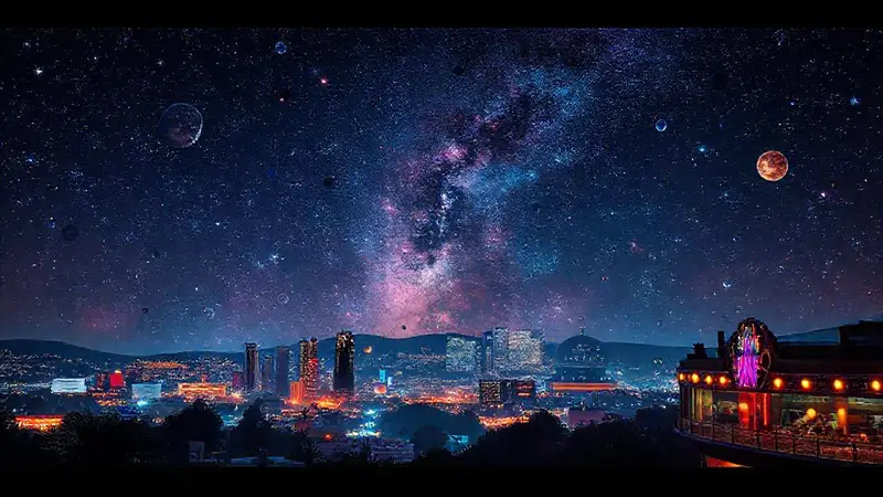 Cielo estrellado con cine y planetas