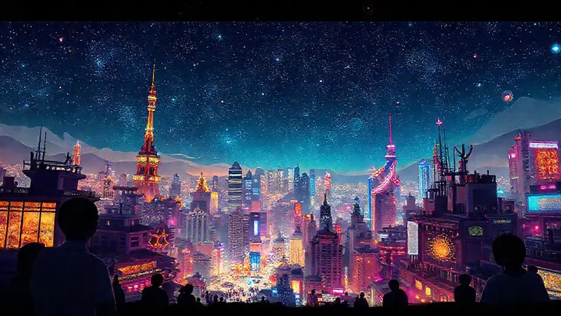 Cielo estrellado sobre ciudad vibrante y cultural