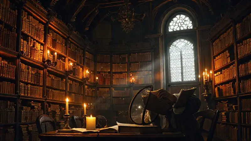 Erudito en biblioteca iluminada, rodeado de libros