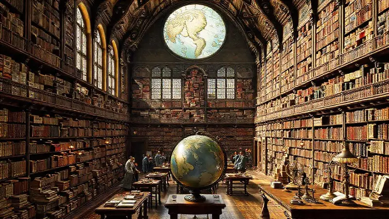 Biblioteca antigua con eruditos y arte
