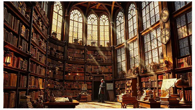 Biblioteca iluminada, libros, sabiduría y curiosidad