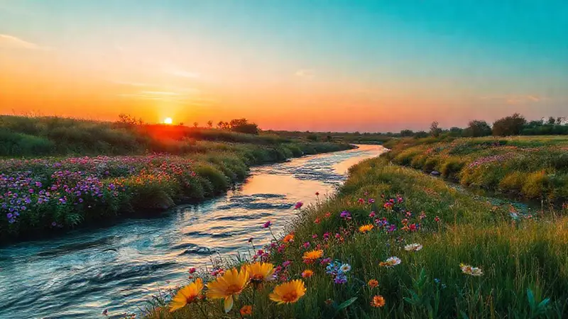Paisaje sereno con río y flores vibrantes