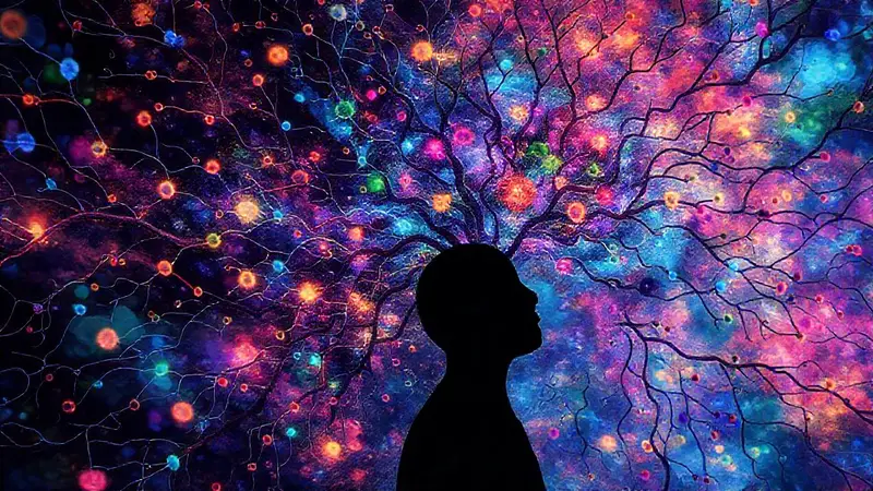 Neurotransmisores vibrantes y silueta humana pensante