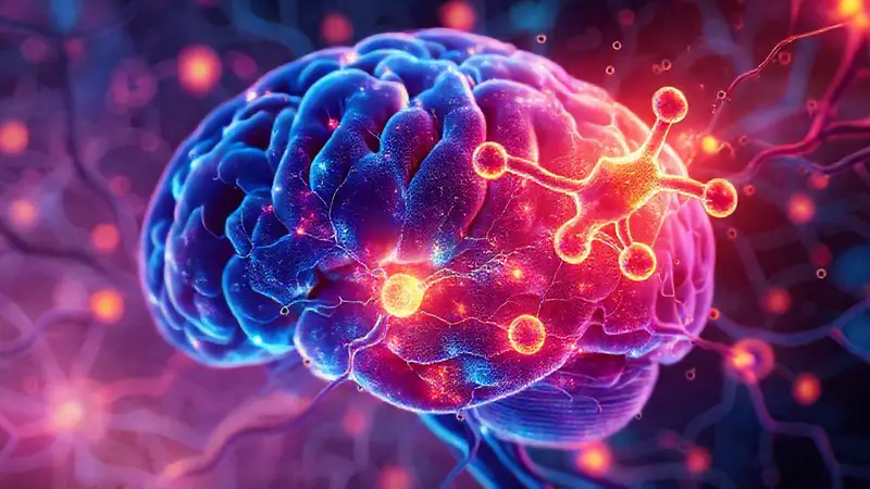 Neuronas brillantes y moléculas de dopamina fluyendo