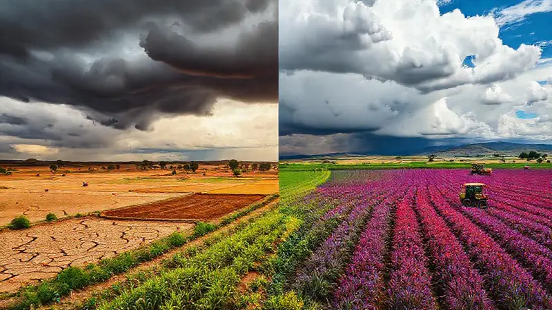 Paisaje contrastante de sequía y tormenta
