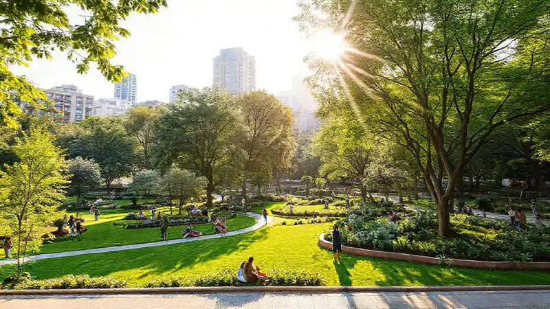 Entorno urbano saludable con parques y naturaleza