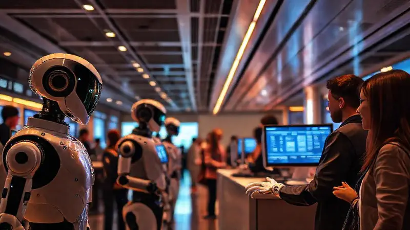 Centro de servicio futurista con asistentes robóticos
