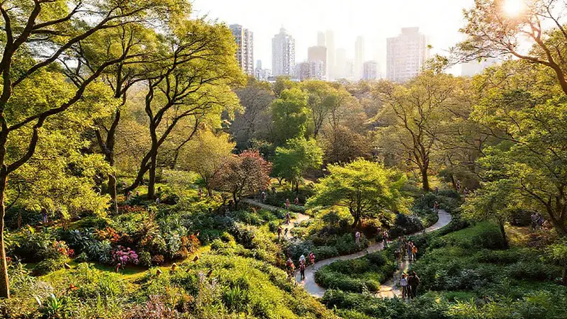 Parque urbano vibrante con naturaleza y modernidad