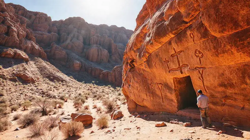 Tallados antiguos en roca bajo el sol