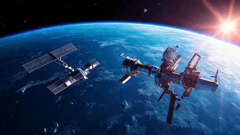 Estación espacial en órbita con astronautas trabajando