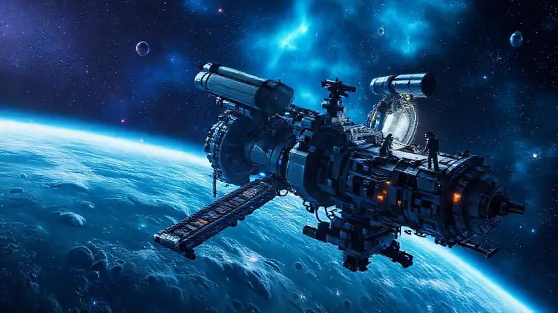 Estación espacial futurista con telescopios y astronautas