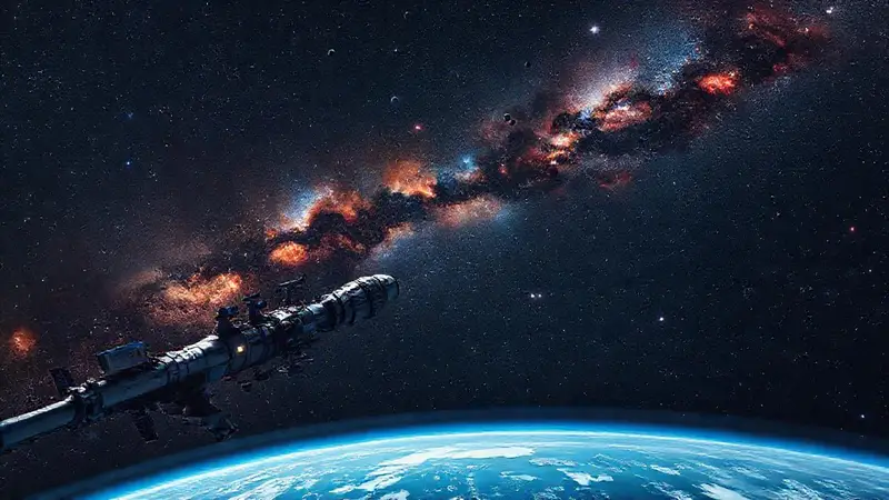 Estación espacial con astronautas observando galaxias