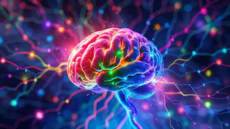 Cerebro rodeado de coloridos caminos neurales