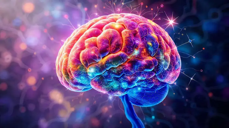 Cerebro vibrante con conexiones y colores dinámicos