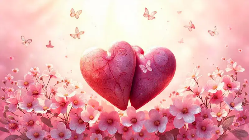 Corazones entrelazados rodeados de flores y luz