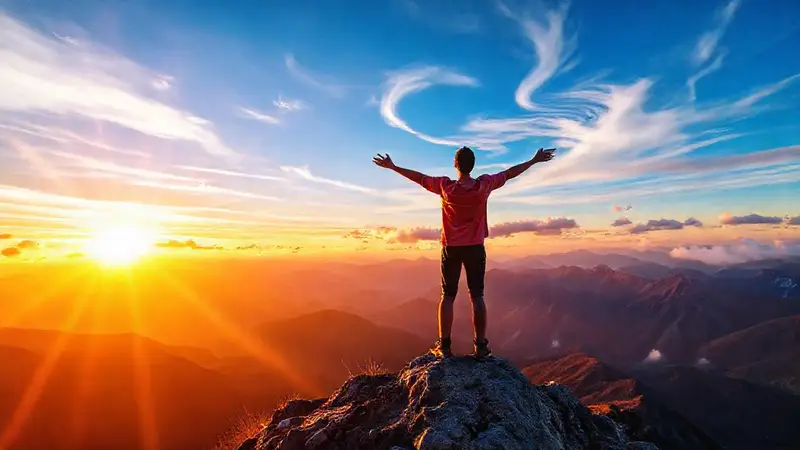 Persona en montaña recibe el amanecer inspirador