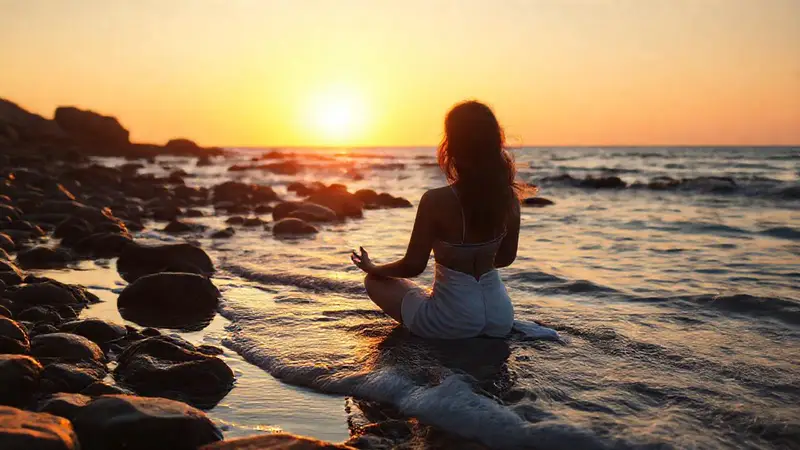 Meditante sereno en la orilla al atardecer