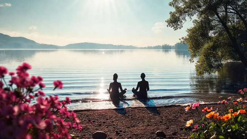 Lago sereno y meditación en la naturaleza