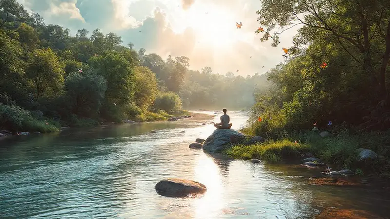 Paisaje sereno con río y meditación