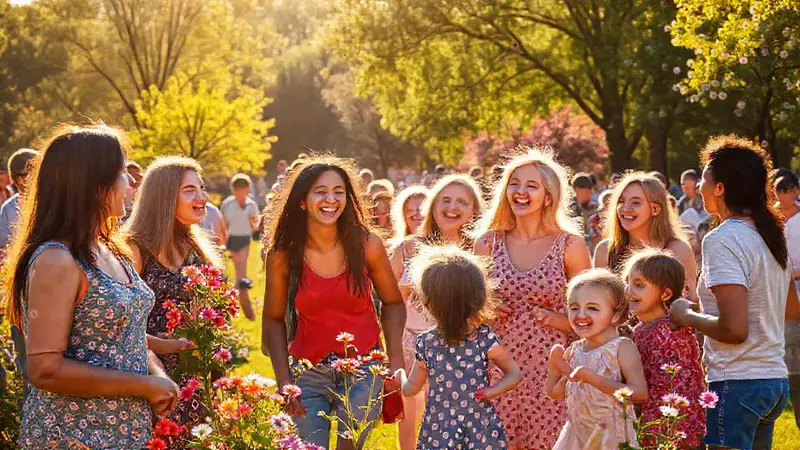 Parque alegre con risas, flores y amigos