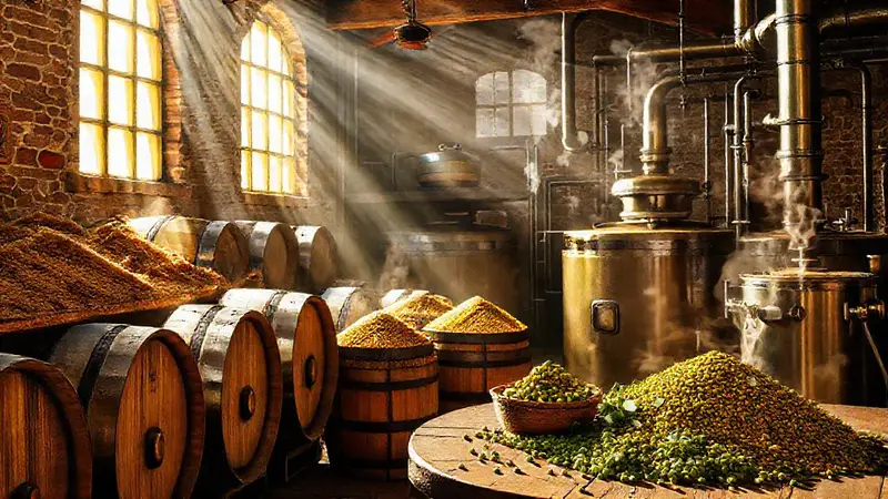 Cervecería rústica, barriles, granos y equipo