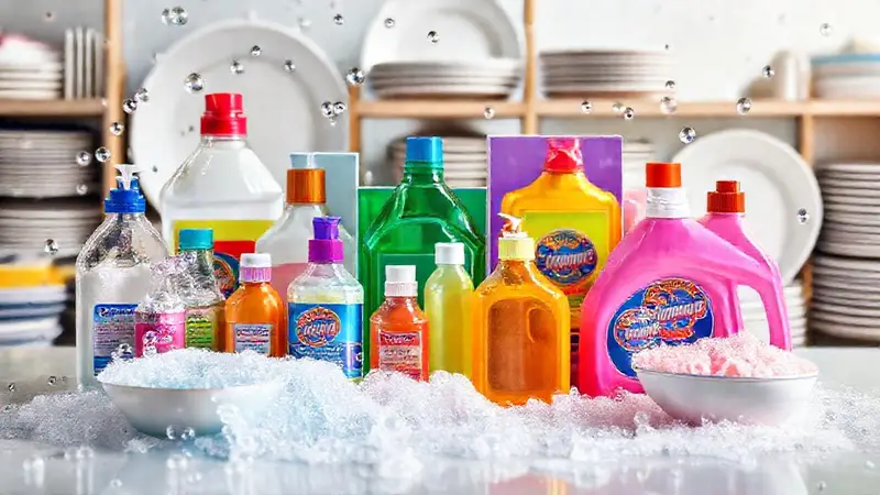 Detergentes coloridos y burbujas sobre una mesa