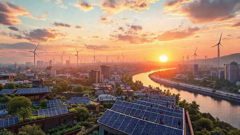 Ciudad futurista con energía renovable y tecnología