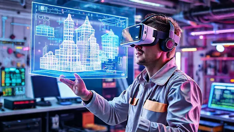 Ingeniero futurista con realidad virtual y hologramas
