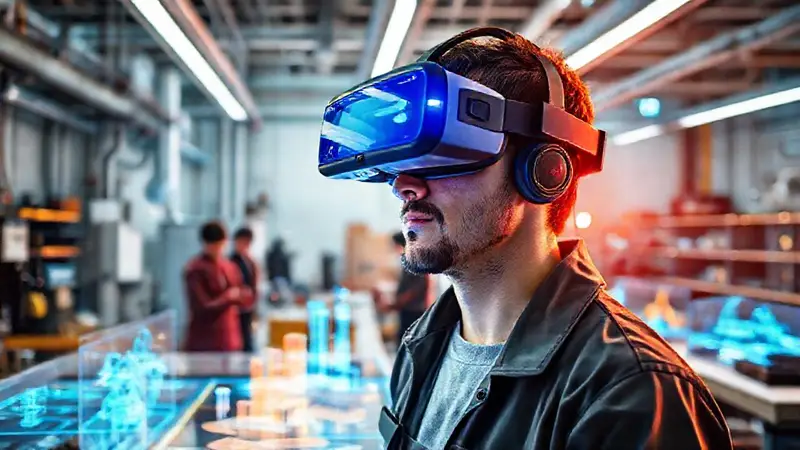 Taller futurista con ingenieros, tecnología y creatividad