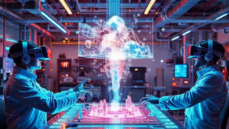 Espacio de ingeniería futurista con simulaciones VR