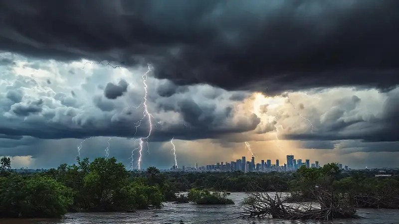 Cielo tormentoso y paisaje inundado con destellos