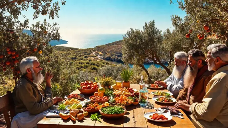Paisaje mediterráneo con comida y conversación