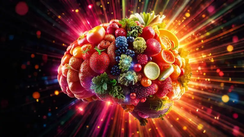Cerebro de frutas y verduras con energía