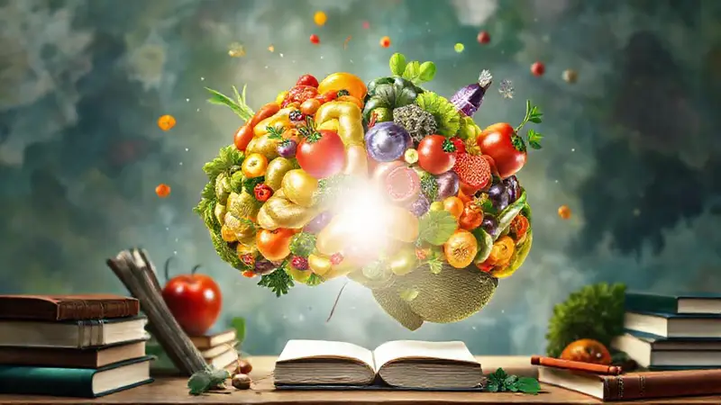 Cerebro colorido de frutas y vegetales